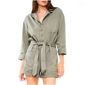 Pistola Becca Belted Long Sleeve Utility Romper | Garden Green | Small